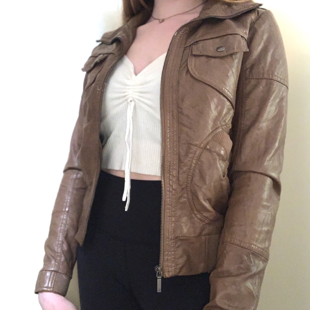 Brown faux leather jacket.